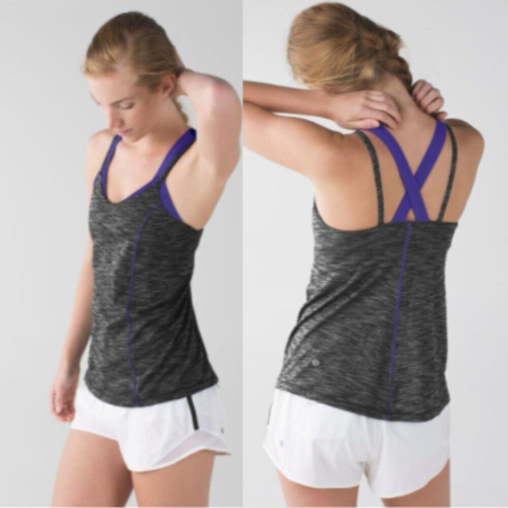 Lululemon Run For Gold Layered Tank Top in Heathered Black / Iris Flower